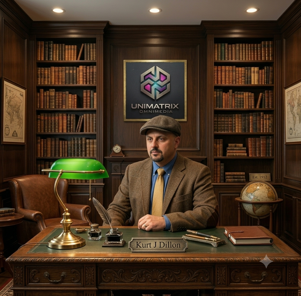 Kurt Dillon, author of Synthetic Charisma, at his desk at Unimatrix Omnimedia